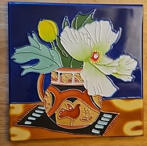 11.5" Rare square Antique Embossed Asian Alba Iris Porcelain Tile Hanging Art